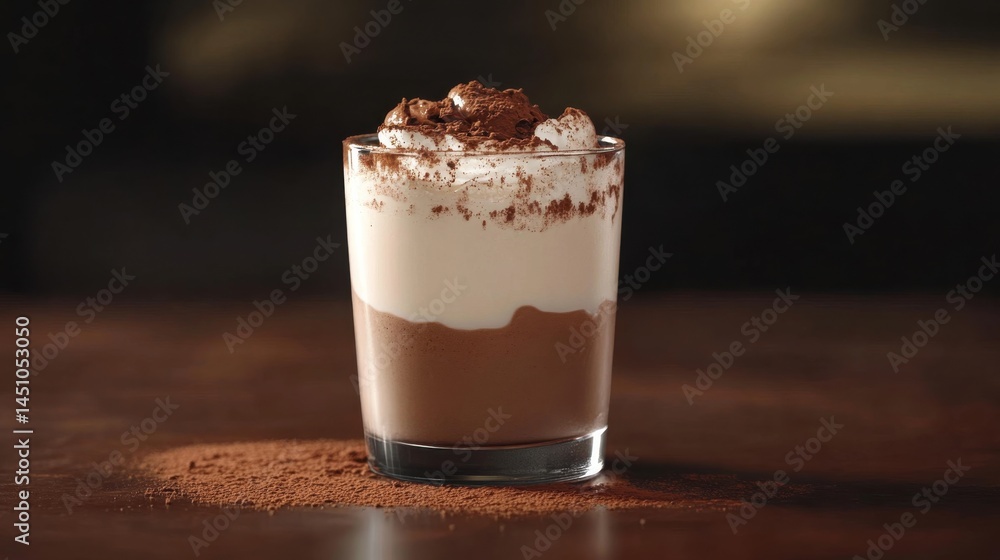 Protein Shake in a Glass with Cocoa Powder on Top Protein Shake in a Glass with Cocoa Powder on Top