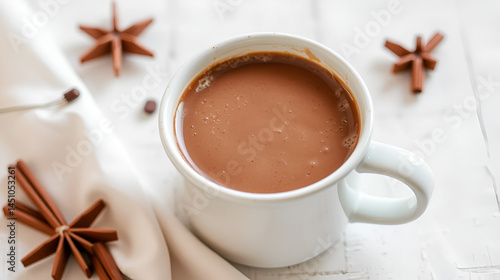 Homemade hot chocolate in a white enamel mug