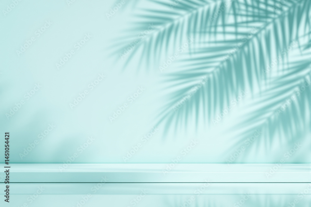 pale blue background with palm leaf shadow and platform pale blue background with palm leaf shadow and platform