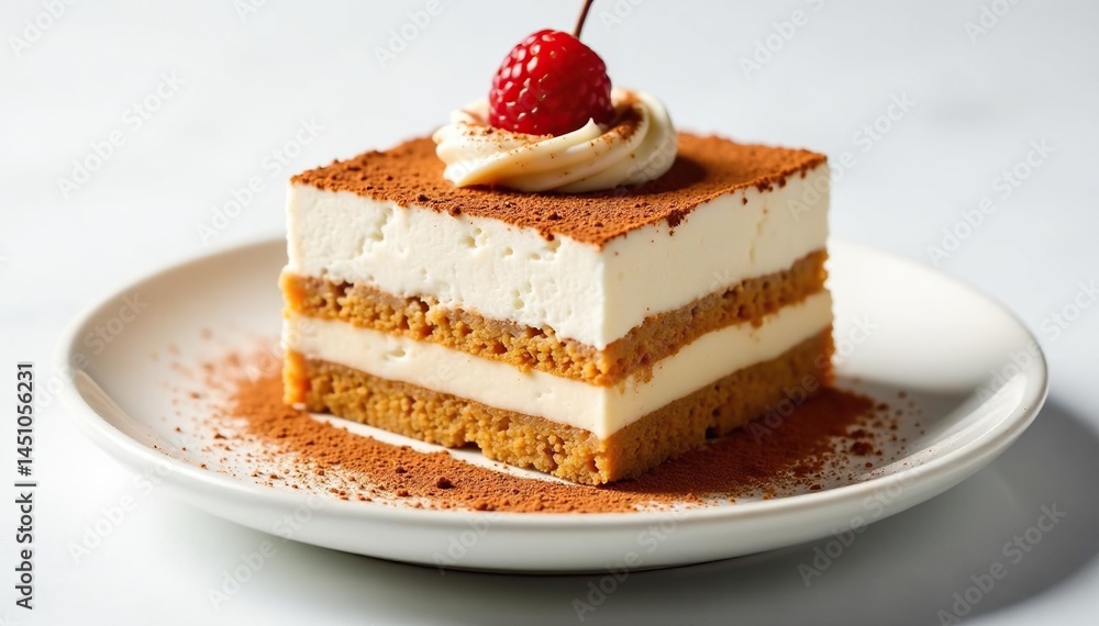 Individual tiramisu portion, dusted with cocoa, on white , baked, delicious, single serving Individual tiramisu portion, dusted with cocoa, on white , baked, delicious, single serving