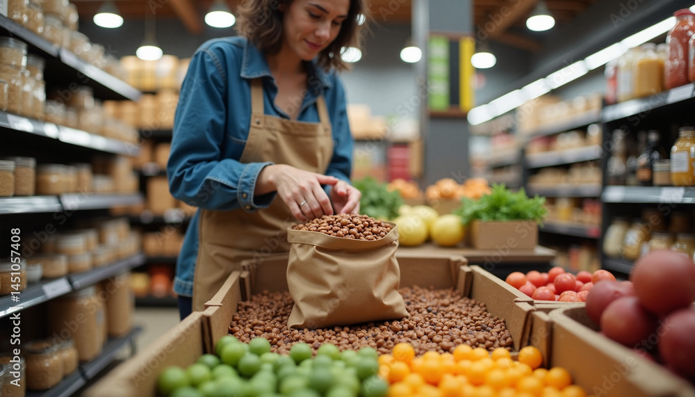 Woman happily filling eco bag with nuts at sustainable grocery store