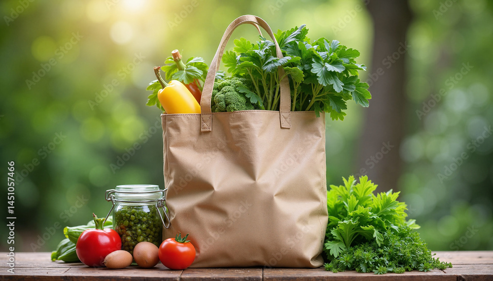 Eco bag with fresh vegetables for Earth Day in a sunny garden