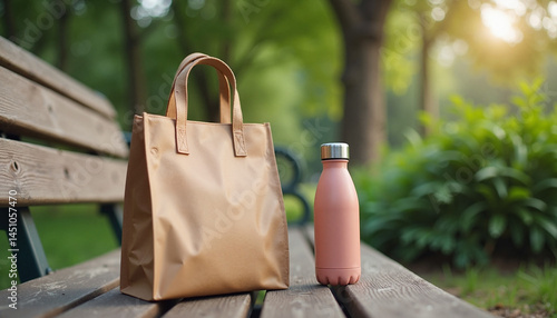 Obraz na płótnie Earth Day Eco Bag and Bottle Relaxing on a Park Bench w salonie