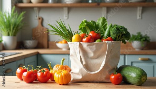 Eco bag with fresh vegetables on a kitchen countertop  