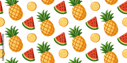 Seamless summer Pattern with whole Pineapples, red juicy Watermelon and yellow Lemon slices. Tropical vector background