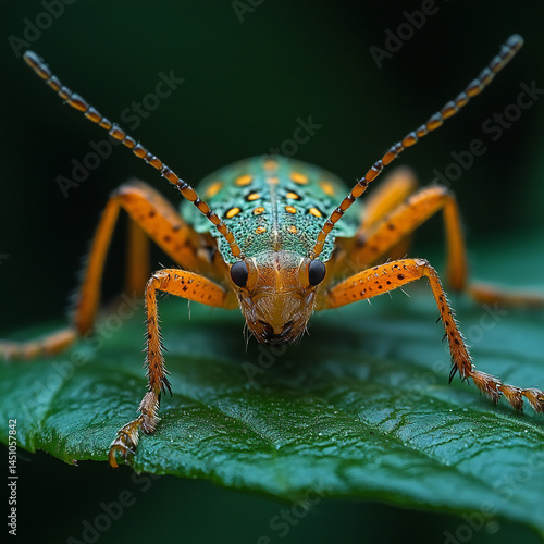 Macro view of an insect crawling on the surface of a leaf