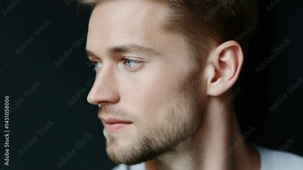 Close up of a handsome blond man with blue eyes looking to the side against a dark background in a studio setting. Close up of a handsome blond man with blue eyes looking to the side against a dark background in a studio setting.