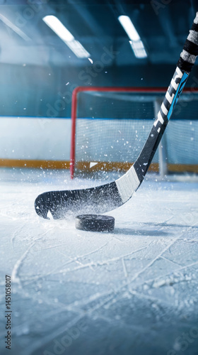 Puck and ice hockey stick on the scratches surface  at background ice arena. Concept of sport, competition, match, tournament