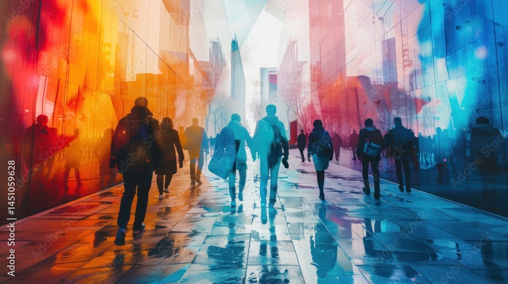 Obraz premium City street scene, vibrant colours, people walking