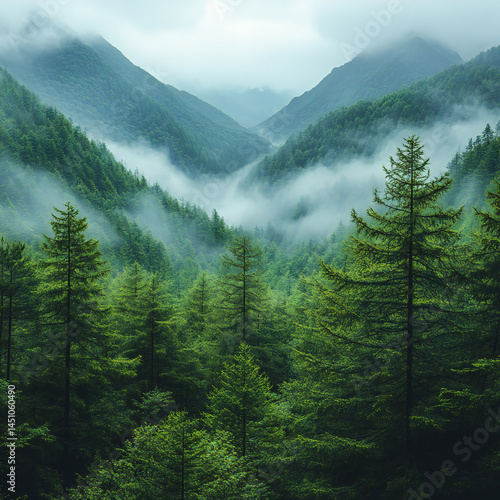 Pine trees and misty mountains in a serene forest landscape