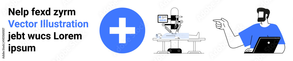 Robotic surgery machine in operation, doctor consulting via video call, and a cross icon. Ideal for healthcare, medical innovation, telemedicine, surgery, diagnostics, robotics flat landing page Robotic surgery machine in operation, doctor consulting via video call, and a cross icon. Ideal for healthcare, medical innovation, telemedicine, surgery, diagnostics, robotics flat landing page