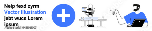 Robotic surgery machine in operation, doctor consulting via video call, and a cross icon. Ideal for healthcare, medical innovation, telemedicine, surgery, diagnostics, robotics flat landing page