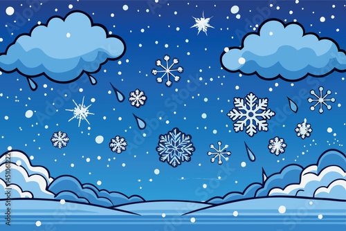winter scene with fluffy snowflakes falling gently from the sky, creating a peaceful snowstorm atmosphere