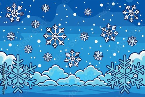 A digital winter wonderland scene with falling snowflakes and white clouds, evoking the tranquility and calmness of winter weather