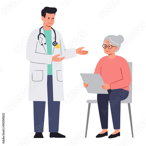 Doctor explaining to elderly - caring physician thoroughly explaining diagnosis and treatment to senior patient while showing X-rays in cozy medical office.
