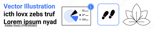 Pie chart data analytics with dollar sign, footsteps icon, and lotus flower symbolizing finance, progress, and wellness. Ideal for business, navigation, mindfulness, self-improvement finance