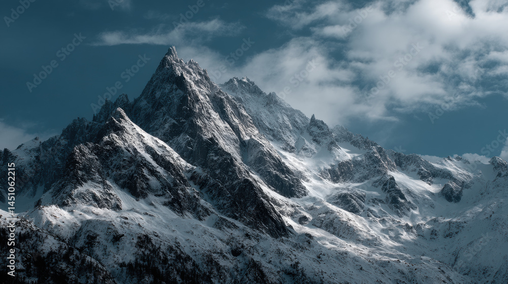 Fototapeta premium The majestic snow covered mountain peak pierces the sky, its jagged silhouette a testament to nature's raw power, under a partially cloudy winter sky.