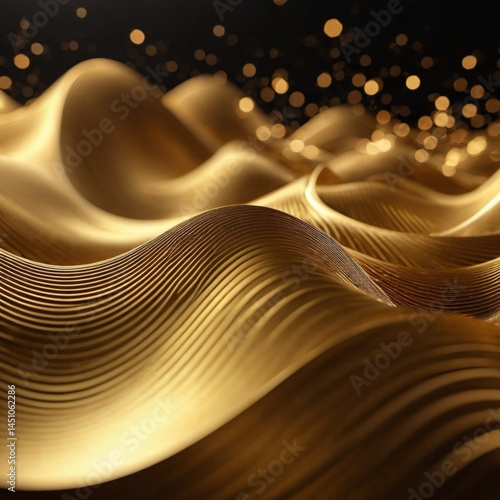 Flowing 3D waves in black and golden create a mesmerizing abstract pattern, featuring smooth curves and light gradients against a dark background that evokes artistry and tranquility. Generative AI