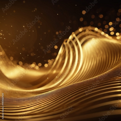 Flowing 3D waves in black and golden create a mesmerizing abstract pattern, featuring smooth curves and light gradients against a dark background that evokes artistry and tranquility. Generative AI