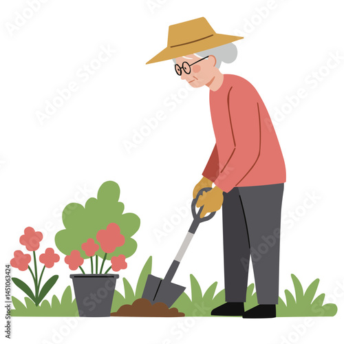 Active elderly gardening - energetic senior happily tending blooming garden, their faces lit by warm sunlight, embodying active aging and harmony with nature.