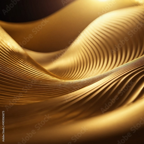 Flowing 3D waves in black and golden create a mesmerizing abstract pattern, featuring smooth curves and light gradients against a dark background that evokes artistry and tranquility. Generative AI