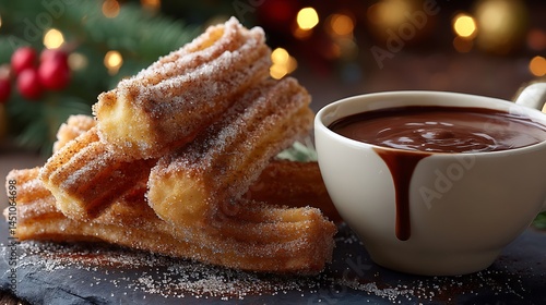 Churros with sugar and a cup of chocolate dip