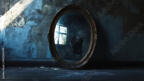 An antique oval mirror reflecting a shadowy interior.