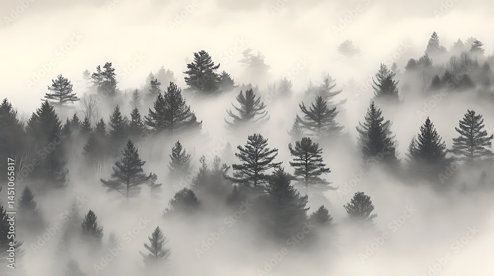 Misty forest landscape seen from above, a grayscale view. Misty forest landscape seen from above, a grayscale view.