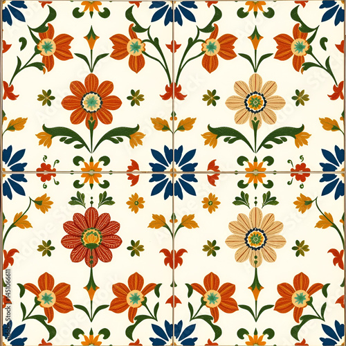 Italian encaustic simple floral pattern on white background, repeating folk motif in Mediterranean  style, ceramic tile