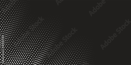 Abstract halftone background with wavy surface made of white dots on black modern dots background modern