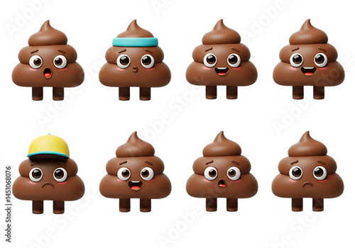Collection of Cute poop emoji characters with various expressions on a Transparent PNG or isolated Background