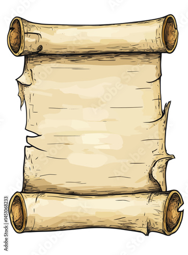 Papyrus paper unrolled to reveal a vertical scroll, an ancient scroll with copyspace, and modern illustrations in a hand-drawn sketch style on a white background, outlined in black, and designed as a