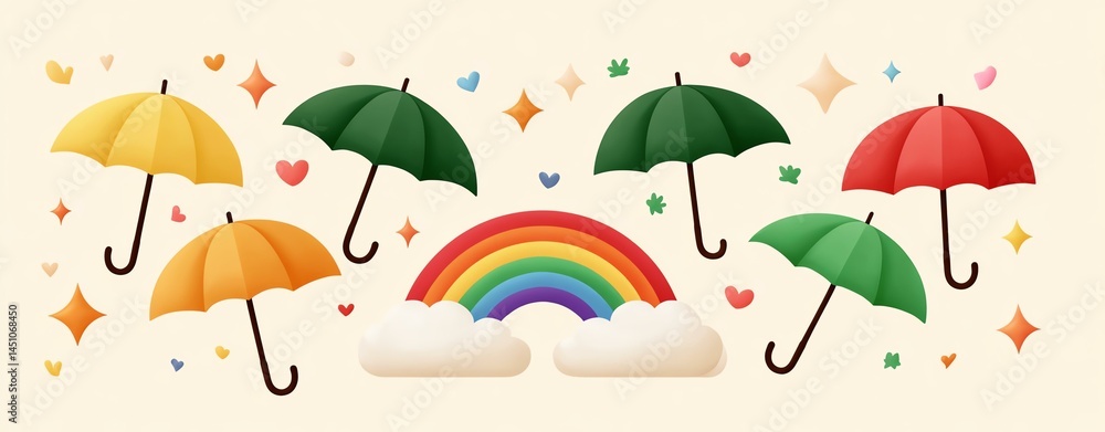 Fototapeta premium Cheerful Pixel Art Rainbow and Colorful Umbrellas on Beige Background,International Day Against Homophobia
