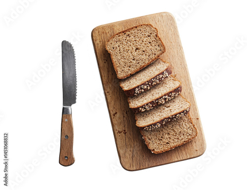 Sliced bread with seeds arranged on a wooden board knife on the side close up