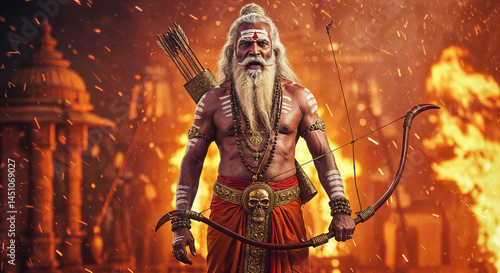 Arjuna from Mahabharata in White Hair and Indian Armor Holding Bow at Ancient Temple