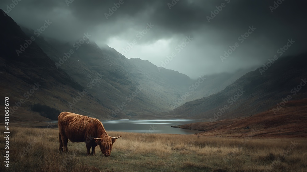 Obraz premium Cow grazing in vast Scottish highlands with lake
