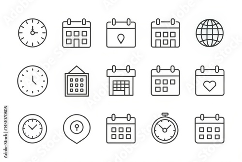 time management, calendar, location tracking, and clock for professional design projects icon set
