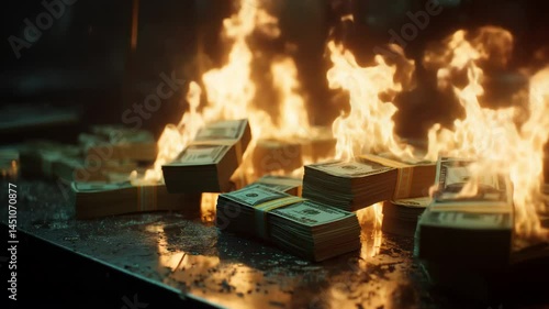 Burning stacks of money vivid financial crisis image