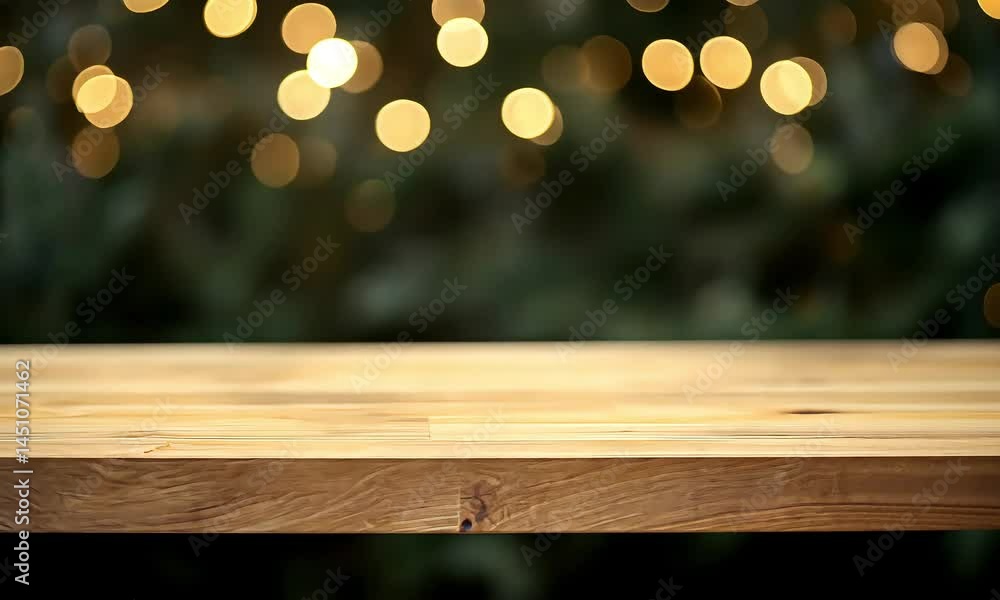 Wood Table Surface with Festive Bokeh Lights Background for Product Display Wood Table Surface with Festive Bokeh Lights Background for Product Display