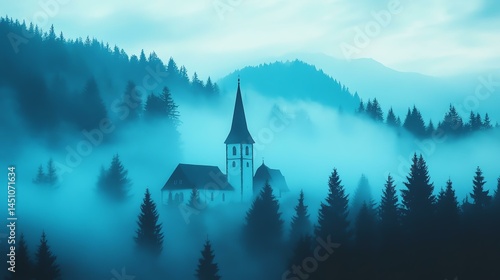 Wallpaper Mural A mystical church emerges from a sea of fog, surrounded by dark, towering trees. The enchanting scene invites a sense of tranquility and mystery. Torontodigital.ca