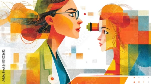 Optometrist Conducting Eye Exam with Patient Medical Illustration Featuring Vibrant Colors and