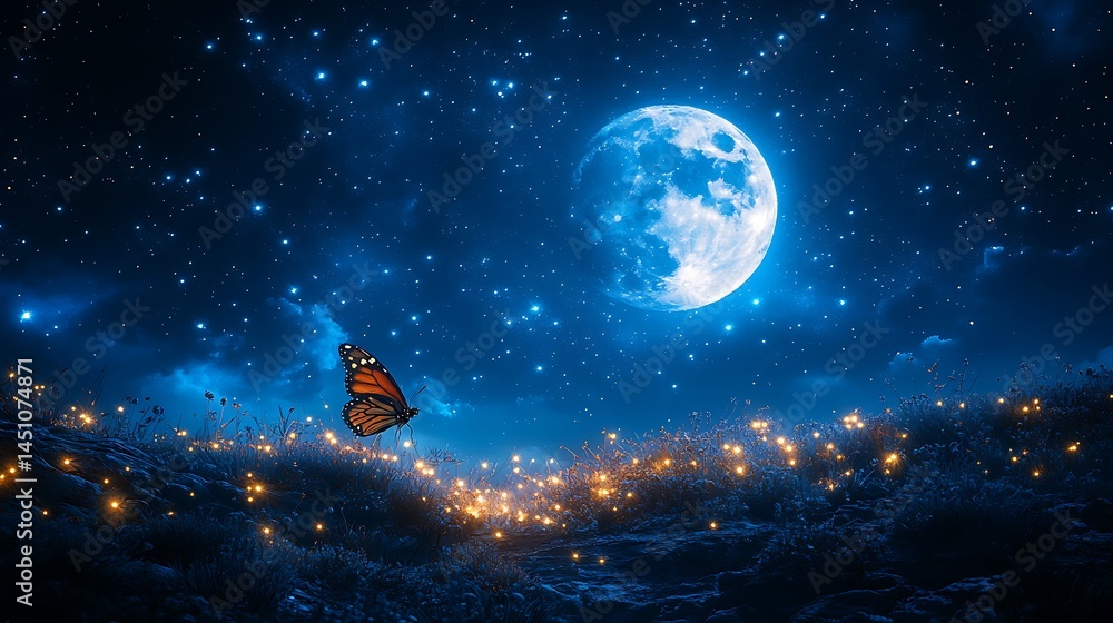 Naklejka premium Mystical butterfly and glowing night sky high resolution picture
