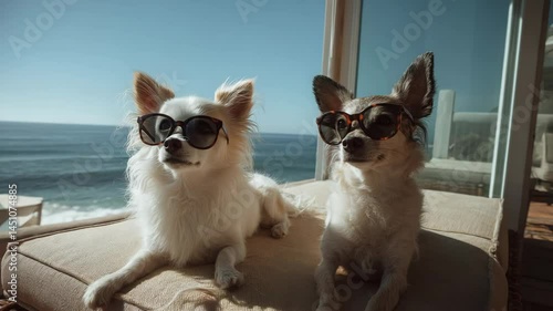 Two chihuahuas wearing sunglasses relaxing on a beachside lounge chair enjoying an ocean view and bright sunshine