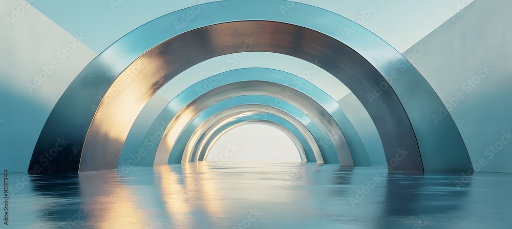 Fototapeta premium Modern geometric 3D architecture scene with metallic arch and minimal abstract design 