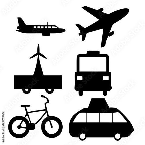 Vector illustration of simple monochromatic vehicle and transport related icons.Transportation and vehicle icons pack. Isolated transportation and vehicle symbols collection. Graphic icons element

