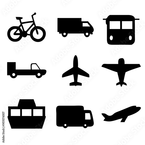 Vector illustration of simple monochromatic vehicle and transport related icons.Transportation and vehicle icons pack. Isolated transportation and vehicle symbols collection. Graphic icons element
