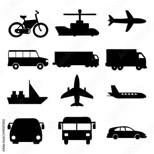 Vector illustration of simple monochromatic vehicle and transport related icons.Transportation and vehicle icons pack. Isolated transportation and vehicle symbols collection. Graphic icons element
