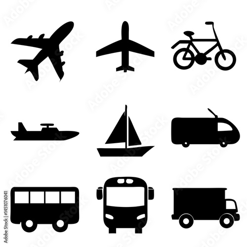 Vector illustration of simple monochromatic vehicle and transport related icons.Transportation and vehicle icons pack. Isolated transportation and vehicle symbols collection. Graphic icons element
