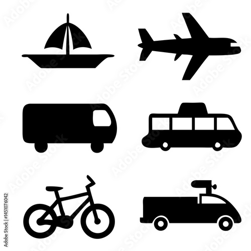 Vector illustration of simple monochromatic vehicle and transport related icons.Transportation and vehicle icons pack. Isolated transportation and vehicle symbols collection. Graphic icons element
