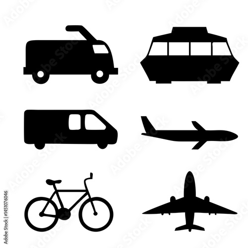 Vector illustration of simple monochromatic vehicle and transport related icons.Transportation and vehicle icons pack. Isolated transportation and vehicle symbols collection. Graphic icons element
